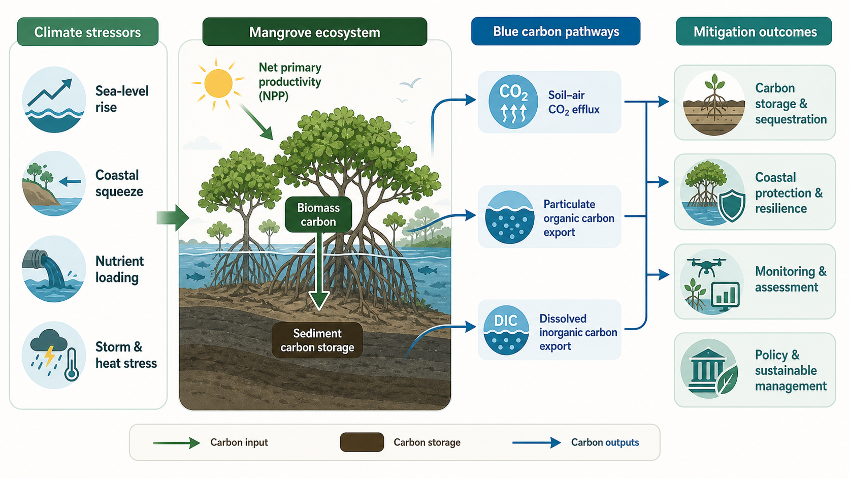 Conceptual model of carbon dynamics in mature mangrove ecosystems, showing net primary productivity, carbon sequestration, carbon efflux, and tidal carbon export pathways.